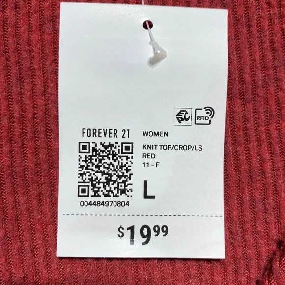 Forever 21 Womens Cropped Long‎ Sleeve Faux Wrap Top Size Large Red - Picture 9 of 9